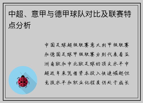 中超、意甲与德甲球队对比及联赛特点分析
