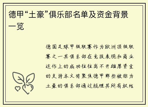 德甲“土豪”俱乐部名单及资金背景一览